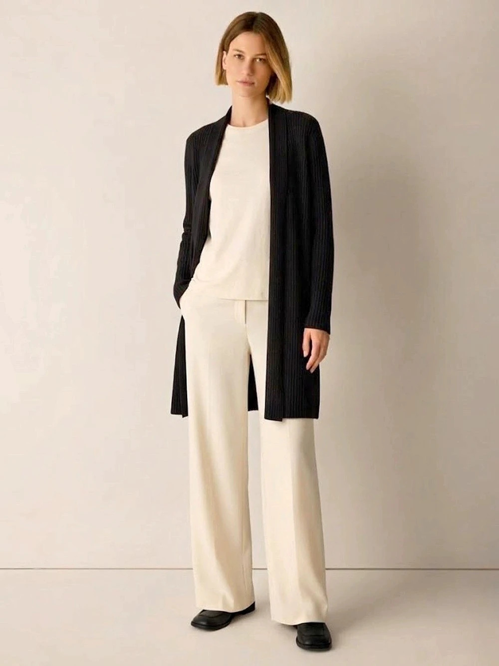 Eileen Fisher Fine Wool Black Ribbed Long Sleeve Cardigan EUC | M